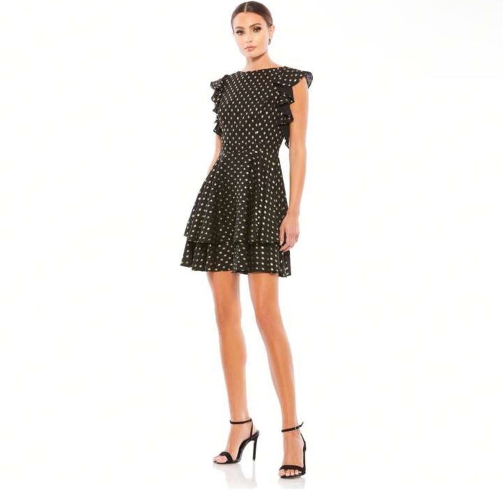 Ieena Mac Duggal 49130 Black Metallic Flutter Sleeve Polka Dot Dress Size 2 Gold